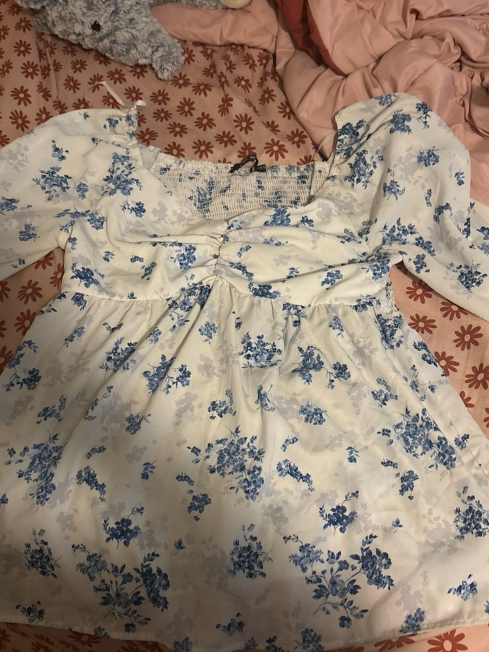 White & Blue Floral shirt with Puff Sleeves